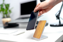 Load image into Gallery viewer, Wireless Charging Stand Wood &amp; Metal Trim with Fast Charge Qi Technology

